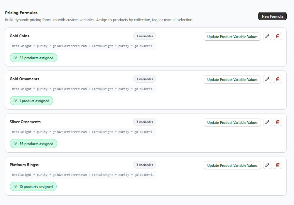 Formula builder showing pricing variables